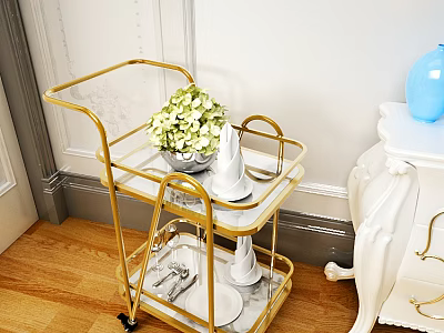 Commercial Serving Cart With Gold Frame Glass Shelves Featuring Green Plants White Tableware 3d model