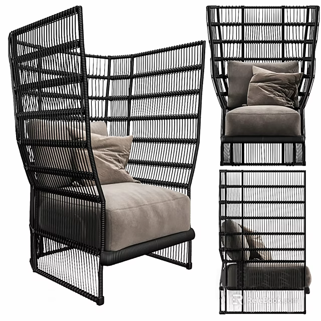 Modern Leisure Chair With Curved Black Wicker Frame And Plush Beige Seat Cushion 3d model 