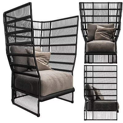 Modern Leisure Chair With Curved Black Wicker Frame And Plush Beige Seat Cushion 3d model