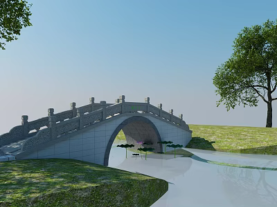 Scenic Stone Arch Bridge With Stone Railings Over Calm Water Surrounded By Green Grass And Trees 3d model