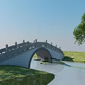 Scenic Stone Arch Bridge With Stone Railings Over Calm Water Surrounded By Green Grass And Trees