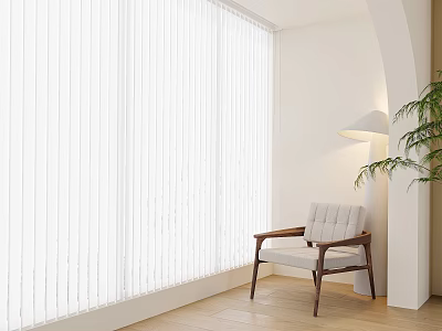White Pleated Curtains in Bright Room with Wooden Armchair Floor Lamp and Green Plant 3d model