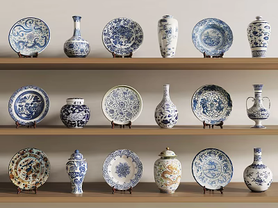 Decorative Ceramic Plates Vases And Jars With Blue White Traditional Patterns On Wooden Shelves 3d model