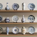 Decorative Ceramic Plates Vases And Jars With Blue White Traditional Patterns On Wooden Shelves
