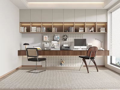 Modern Study Room Interior With Wooden Desk Bookshelves Computer And Comfortable Chairs 3d model