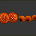 Five Red Mushroom Figurines With White Spots On Caps White Stems And Blue Bases
