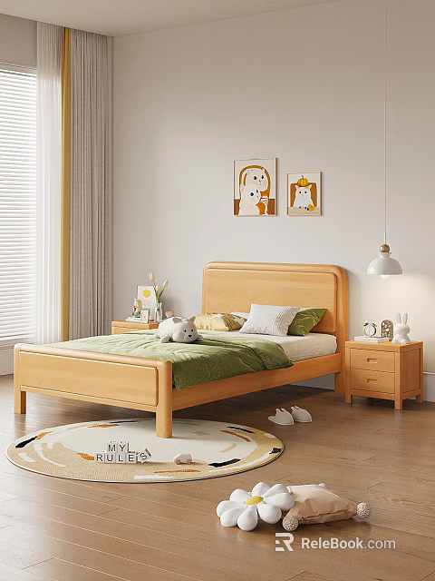 Wooden Kids Bed With Green Quilt Pillows Nightstand Table Lamp Cartoon Wall Art Floor Rug 3d model 