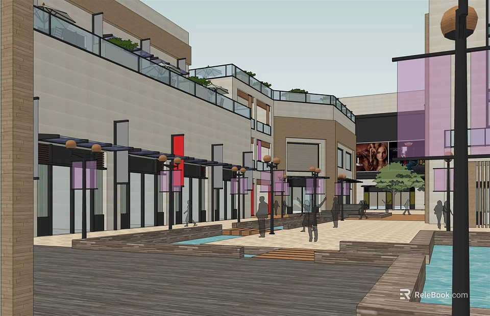 Modern Commercial Street Featuring Stylish Buildings Shops Pedestrian Plaza And Greenery 3d model 