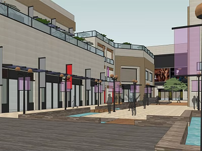 Modern Commercial Street Featuring Stylish Buildings Shops Pedestrian Plaza And Greenery 3d model