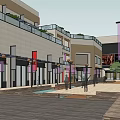 Modern Commercial Street Featuring Stylish Buildings Shops Pedestrian Plaza And Greenery