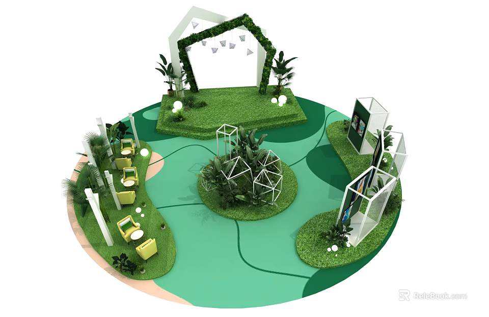 Floral Display Installation With Geometric Structures On Green Lawn And Decorative Elements 3d model