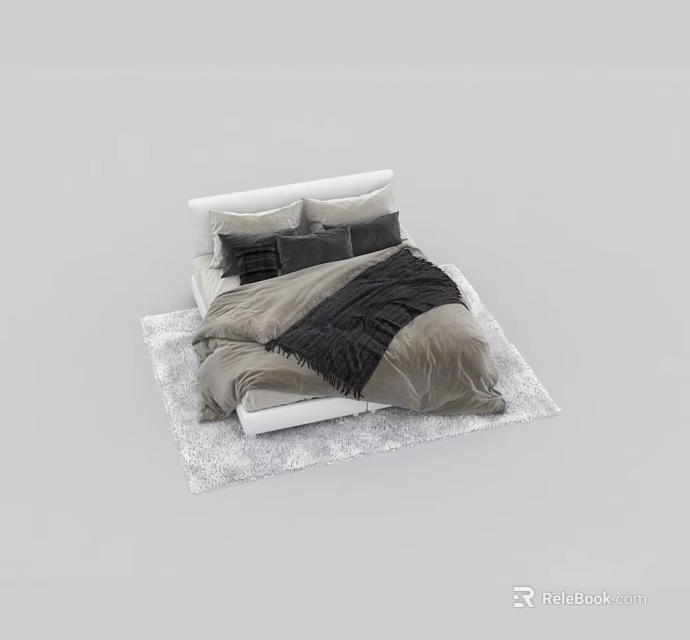 Comfortable Double Bed With White Headboard Grey Bedding Black Throw Pillows And Soft Rug 3d model