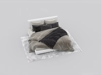 Comfortable Double Bed With White Headboard Grey Bedding Black Throw Pillows And Soft Rug 3d model