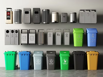 Various Colored Trash Bins Wall Mounted And Floor Standing For Home Recycling And Waste Management 3d model