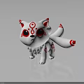 White Fox Cartoon Character With Red Patterns Big Red Eyes And Three Tails