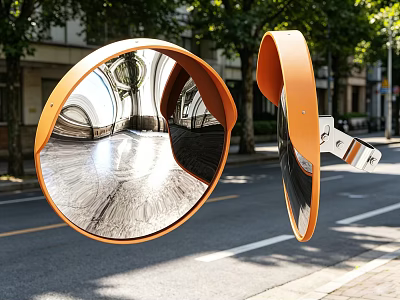 Orange Framed Convex Mirrors Mounted On Roadside Reflecting Street Scenery 3d model
