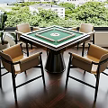 Elegant Mahjong Entertainment Space With Green Table Four Chairs Wooden Floor And Window View