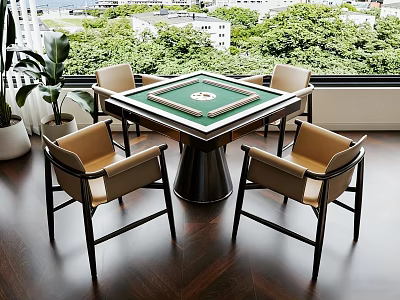 Elegant Mahjong Entertainment Space With Green Table Four Chairs Wooden Floor And Window View 3d model