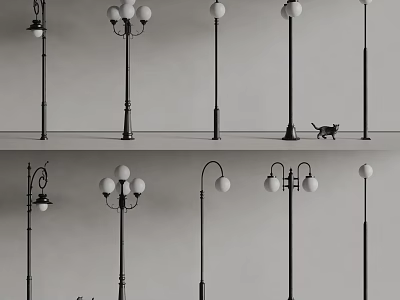 Outdoor Lights Featuring Various Lamp Post Designs And Single Multiple Bulb Styles 3d model