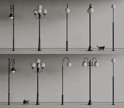Outdoor Lights Featuring Various Lamp Post Designs And Single Multiple Bulb Styles 3d model