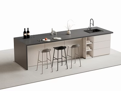 Modern Bar Counter Design With Black Countertop White Cabinets And Metal Stools 3d model