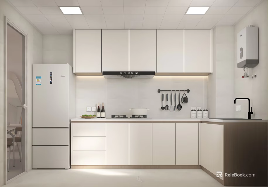 Modern Kitchen Interior With White Cabinets Island Refrigerator And Range Hood 3d model 