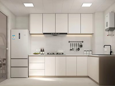 Modern Kitchen Interior With White Cabinets Island Refrigerator And Range Hood 3d model
