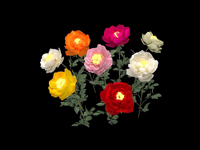 Colorful Garden Roses In Various Colors With Green Leaves And Petals 3d model