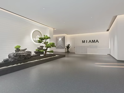 Elegant Modern Reception Area Interior With Rockery Pine Tree And Circular Window Design 3d model