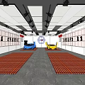 Modern Auto Showroom With Blue Orange Cars Grid Floor Display Shelves And Ceiling Lights