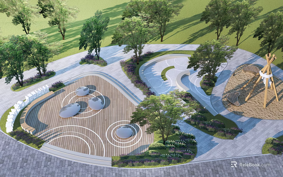 Scenic Park Landscape Design With Circular Pathways Trees Seating Areas And Wooden Decking 3d model 