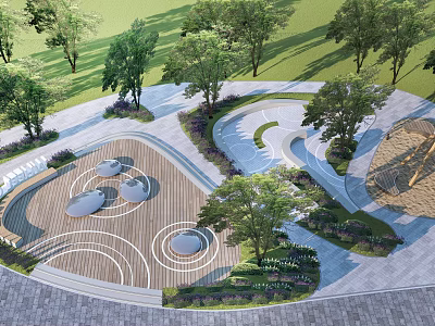 Scenic Park Landscape Design With Circular Pathways Trees Seating Areas And Wooden Decking 3d model