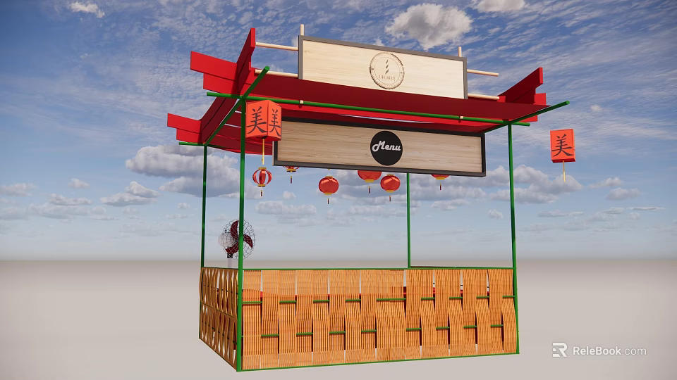 Traditional Chinese Dimsum Stall With Red Roof Bamboo Fence And Chinese Character Lanterns 3d model 