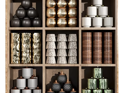 Organized Household Essentials Display On Wooden Shelf With Multicolored Textured Containers And Storage Jars 3d model