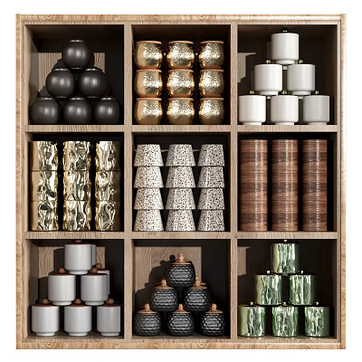 Organized Household Essentials Display On Wooden Shelf With Multicolored Textured Containers And Storage Jars 3d model
