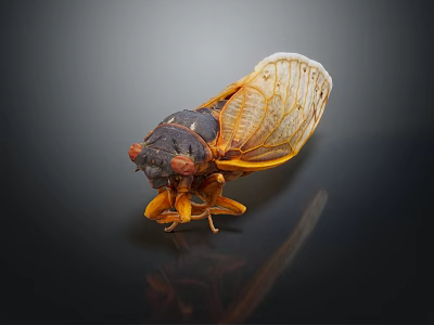 Close up of cicada with brown orange body and transparent veined wings on dark reflective surface 3d model