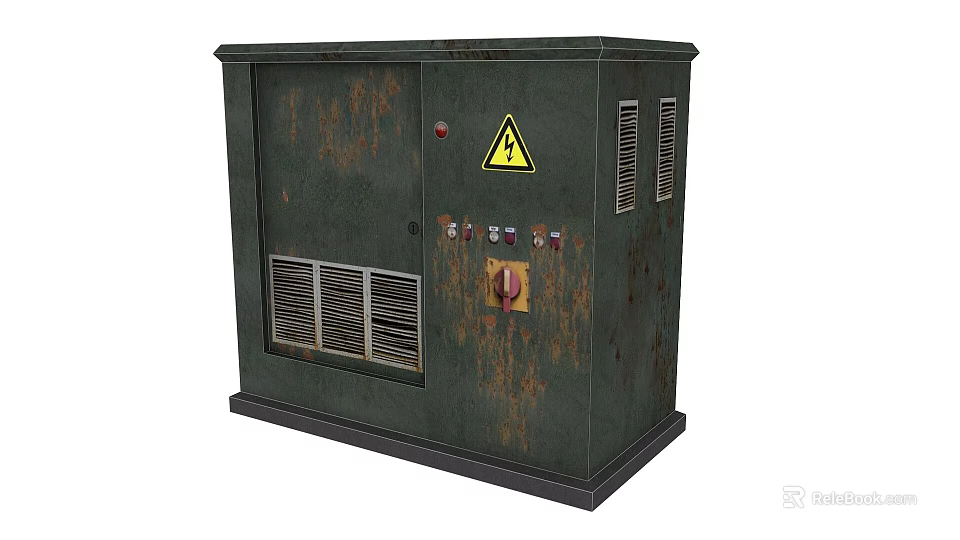 Industrial Green Locker With Rusty Surface Yellow Warning Sign Control Buttons And Ventilation Grilles 3d model 