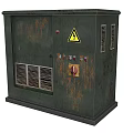 Industrial Green Locker With Rusty Surface Yellow Warning Sign Control Buttons And Ventilation Grilles