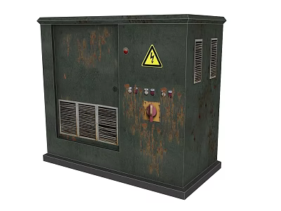 Industrial Green Locker With Rusty Surface Yellow Warning Sign Control Buttons And Ventilation Grilles 3d model
