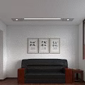 Modern Office Interior Featuring White Walls Wooden Flooring Black Sofa Decorative Paintings And Window Blinds