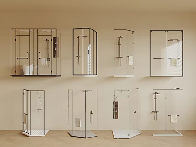 Modern Shower Heads In Various Shower Enclosure Designs With Glass Panels And Metal Frames 3d model