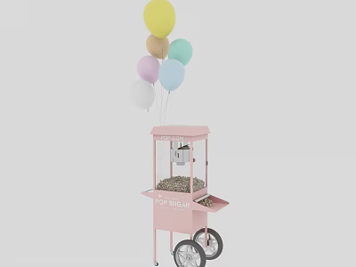 Pink Popcorn Cart With Colorful Balloons And Snack Display On Wheels 3d model