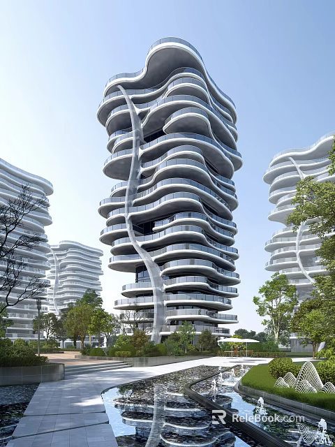 Modern High Rise Residential Building With Curved Design Glass Curtain Walls And Greenery 3d model 