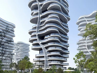 Modern High Rise Residential Building With Curved Design Glass Curtain Walls And Greenery 3d model