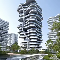 Modern High Rise Residential Building With Curved Design Glass Curtain Walls And Greenery