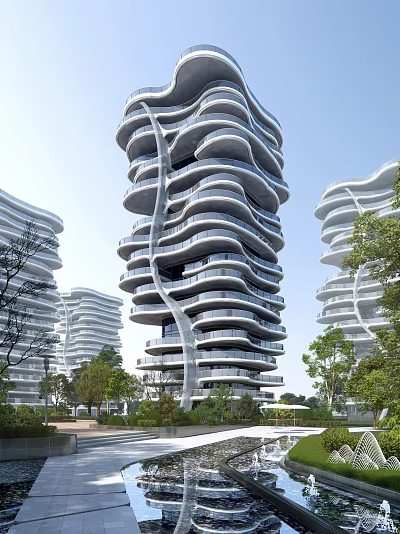 Modern High Rise Residential Building With Curved Design Glass Curtain Walls And Greenery 3d model