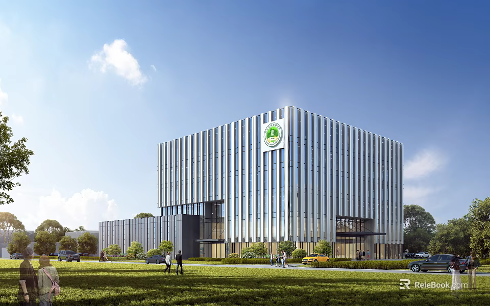 Modern Office Building With Glass Curtain Wall Green Plants Blue Sky And People Walking 3d model 