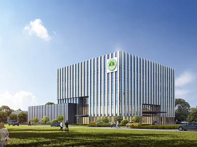 Modern Office Building With Glass Curtain Wall Green Plants Blue Sky And People Walking 3d model