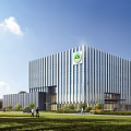 Modern Office Building With Glass Curtain Wall Green Plants Blue Sky And People Walking