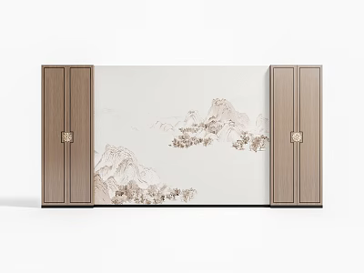 Chinese Style TV Background Wall With Landscape Mural And Wooden Cabinets 3d model